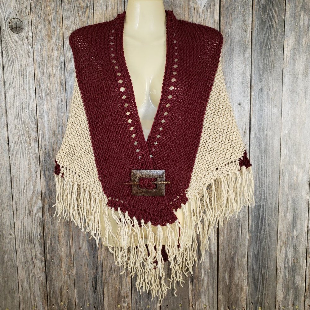 NEW Burgundy Beige Colorblock Hand Knit Shawl Wrap‎